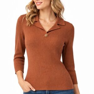 Kasper Ribbed Knit Top | Rust Brown Collared Sweater | Size M